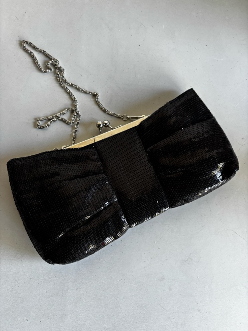 Black Sequin Bow Clutch with Chain Strap